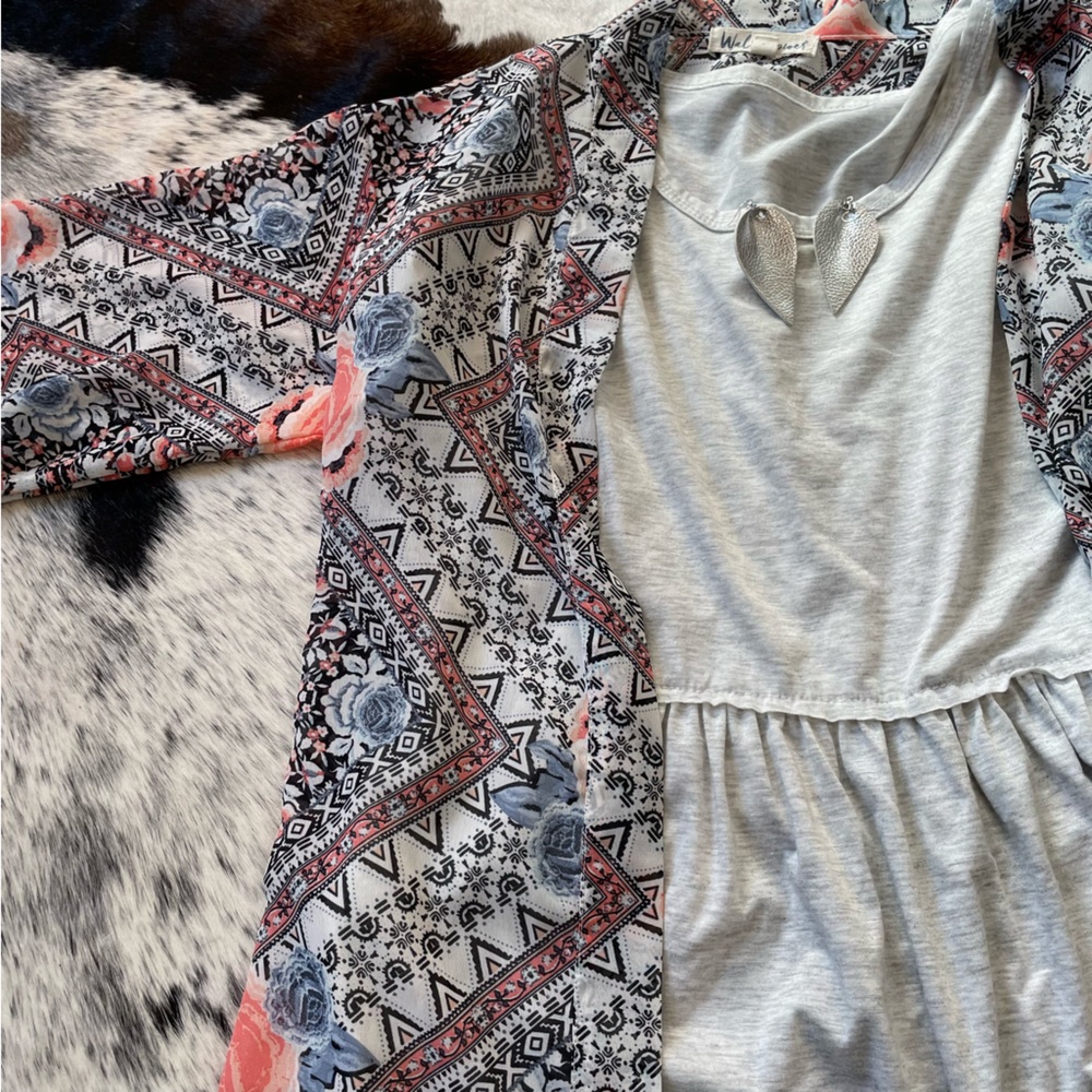 Boho Kimono with Bell Sleeves and Peplum Top Bundle Outfit Set